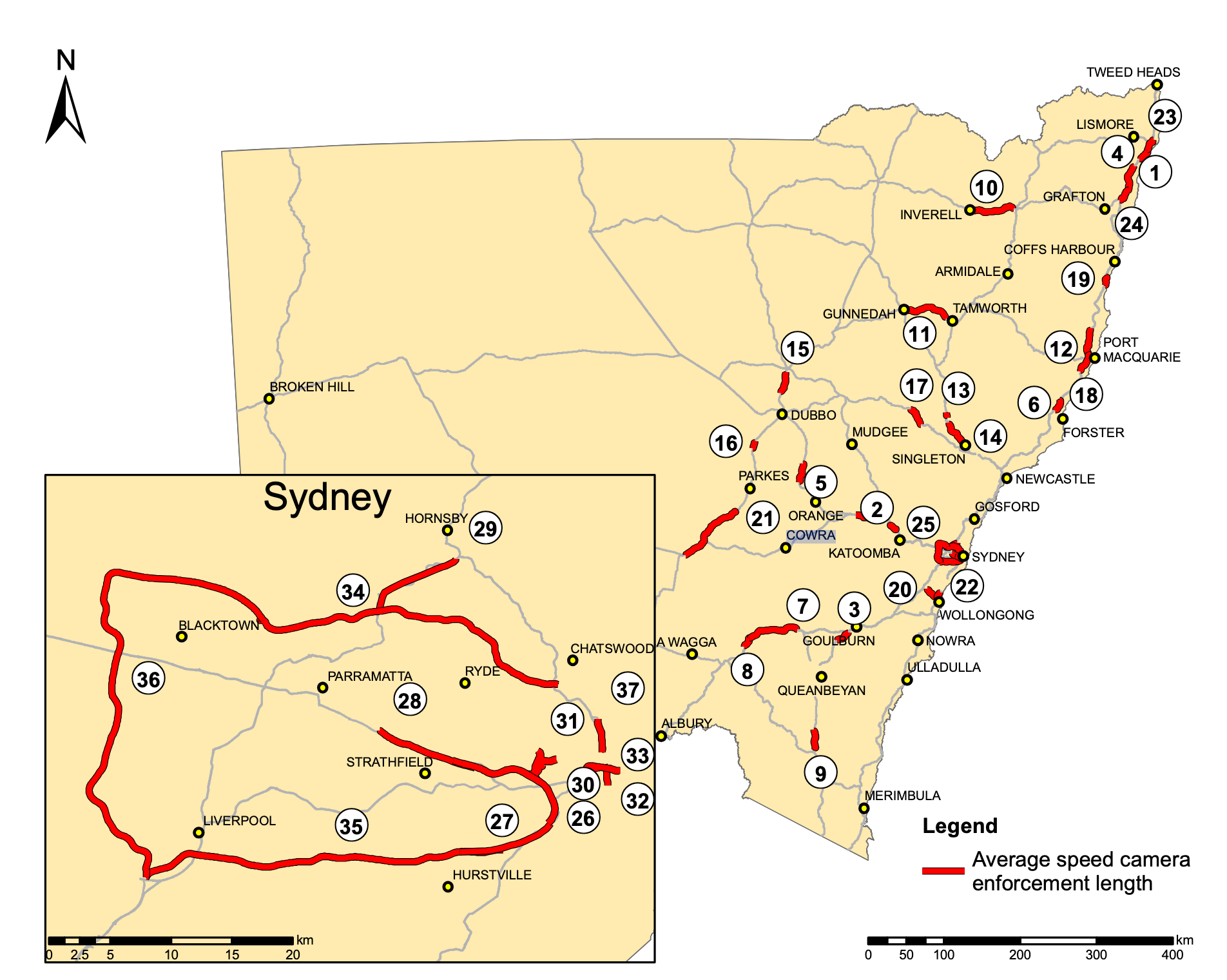 Map of Average Speed Camera Traps in New South Wales (NSW) for Cars and Trucks