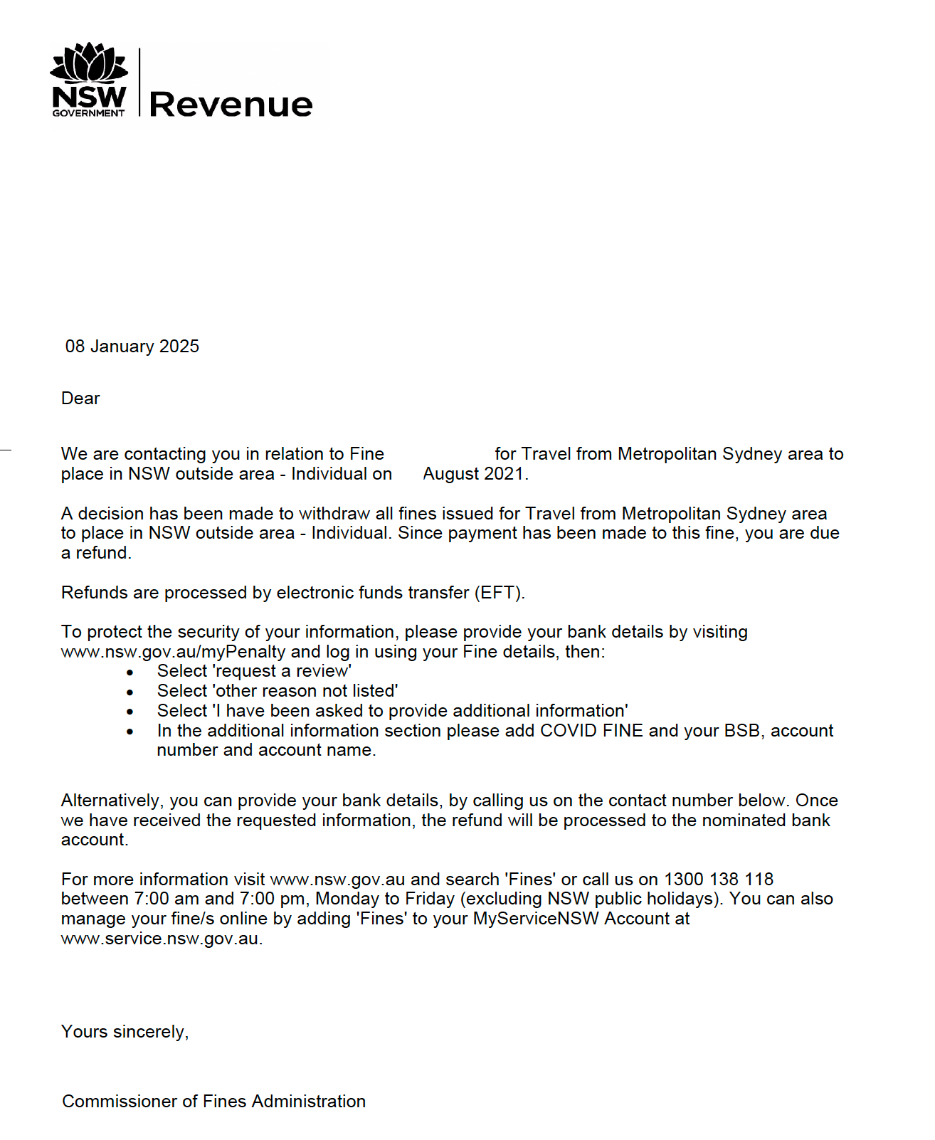 Copy of letter informing of covid-19 refunds